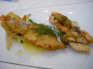 TORTINO DI COUS COUS, GAMBERONE IN PASTELLA, TRECCIA DI SPADA E MOSAICO DI ORTAGGI