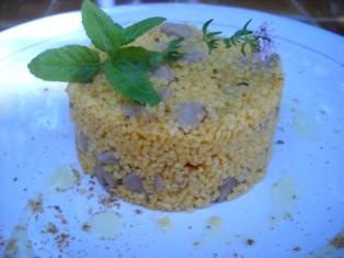 TORTINO DI COUSCOUS E TONNO CON MENTA, TIMO E BOTTARGA